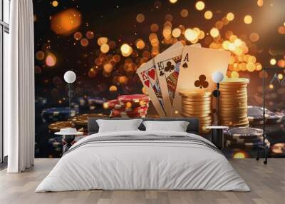 Poker cards, chips, and gold coins on a dark background with bokeh lights. Wall mural