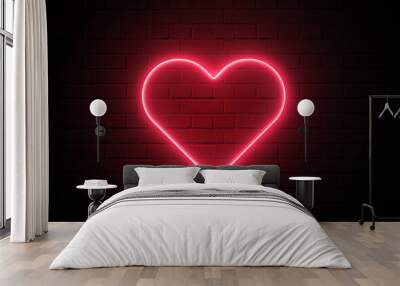 Red heart shape neon light on dark wall backgorund. Abstract and decoration concept. Happy Valentines day element. Sign and symbol electric light glow banner. 3D illustration render. 4K footage video Wall mural