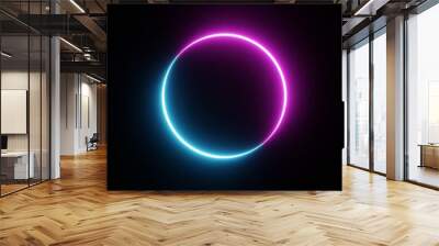 Round circle picture frame with two tone neon color shade motion graphic on isolated black background. Blue and pink light moving for overlay element. 3D illustration rendering. Empty space in middle Wall mural