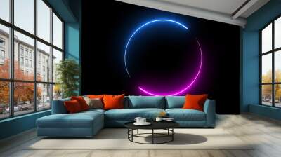 Round circle picture frame with two tone neon color shade motion graphic on isolated black background. Blue and pink light moving for overlay element. 3D illustration rendering. Empty space in middle Wall mural