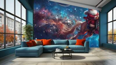 Santa Claus riding a unicorn through a glittering cosmic trail, delivering gifts across starry galaxies Wall mural