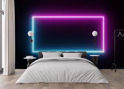 Square rectangle picture frame with two tone neon color motion graphic on isolated black background. Blue and pink light moving for overlay element. 3D illustration rendering. Empty copy space middle Wall mural