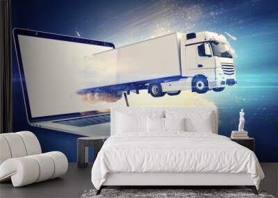 White truck jumping out of a notebook screen for express delivery after online shopping Wall mural