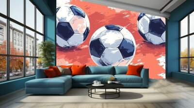 Three classic black and white soccer balls on a vibrant red and blue abstract background, evoking energy and motion in a stylized sports illustration. Wall mural