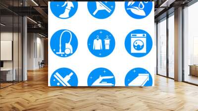 Cleaning services logo, icon set. Blue. Vector illustration. Wall mural