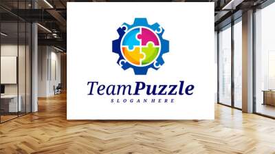 Gear Puzzle logo design vector template, Vector label of puzzle, illustration, Creative icon, design concept Wall mural