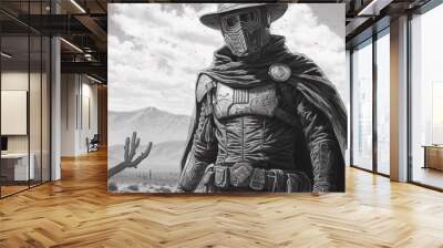 pencil drawing of a space cowboy wearing a cape and ma.Generative AI Wall mural