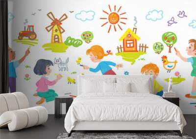 Children draw a picture of the world on the wall. Three girls and two boys with colored pencils and chalk. In cartoon style. Isolated on white background. Vector flat illustration Wall mural