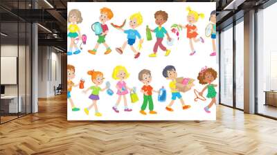 Happy children carry paper, plastic, organic, glass, electronic and metal trash for recycling. Separate garbage collection. In cartoon style. Isolated on white background. Vector illustration. Wall mural