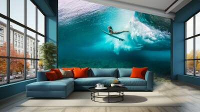 woman in bikini doing duck dive with the surfboard under the waves Wall mural