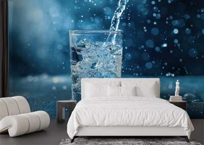 A stream of clear transparent cold water is poured into a glass beakerzero on blue background with beautiful lighting close-up. Water glows in a glasshigh- Wall mural