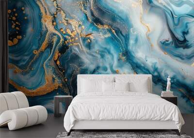 art photography of abstract marbleized effect background. Aqua, blue, gold and white creative colors. Beautiful paint Wall mural