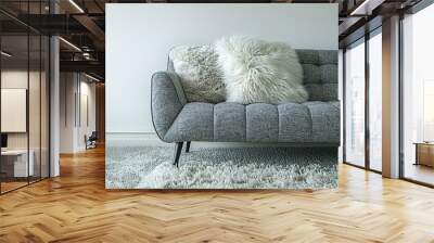 Contemporary Elegance Modern Studio shot of a grey sofa on a carpet isolated on white background Wall mural