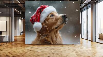 cute golden retriever dog wearing christmas red santa claus hat in snow falling sky scene. winter la Wall mural