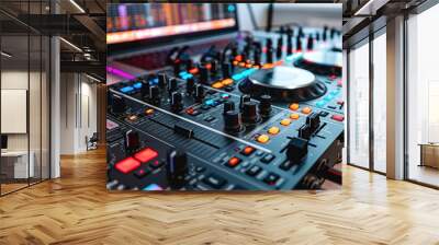 DJ Colorful mixing deck Controller connecting to Laptop and tablet using USB cable top view, isolated on white Wall mural