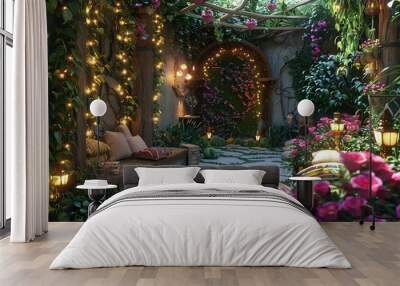 Enchanted Garden Retreat with a lush indoor garden, vine-covered walls, fairy lights, and a magical, nature-inspired design. Enchanted garden home decor. Wall mural