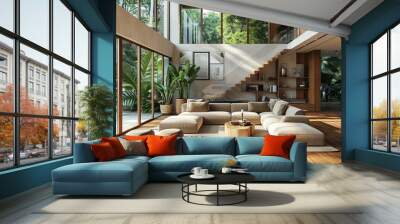 Modern living room with mezzanine 3d rendering image.There are wooden floor decorate wall with groove.furnished with brown fabric furniture.There are large windows look out to see the nature Wall mural