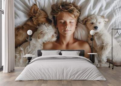 Overhead view of shirtless boy sleeping with dogs on bed Wall mural