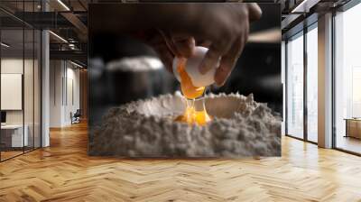 Process of making homemade wholewheat pasta in a kitchen with pasta sheet roller. Close up view. Dark photography Wall mural