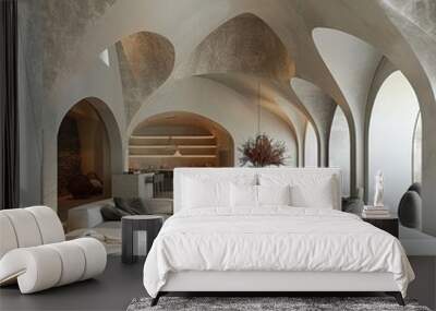 Vaulted cathedral ceiling in house. Interior design of modern living room Wall mural