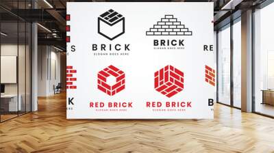 set bundle red brick, pile and stack balance bricks logo vector illustration design template product Wall mural