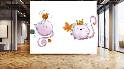 Vector autumn cats. Round cat-ball. The cat is wrapped in a blanket, drinking hot tea. Plays with a ball of thread. The cat is holding an autumn leaf. Wall mural