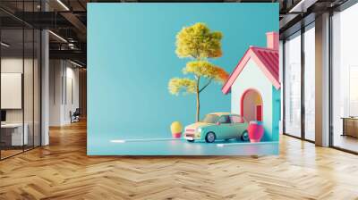 3D illustration of a miniature house with a toy car parked outside, a blue background Wall mural