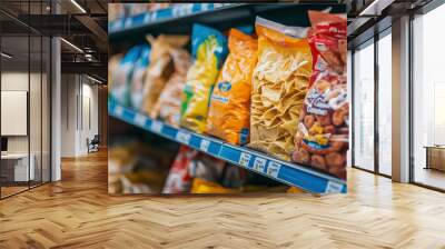 A grocery store shelf full of snacks, with colorful packaging Wall mural