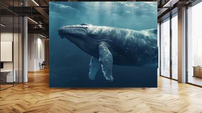 Big Whale swimming underwater under sea life with sunbeams Wall mural