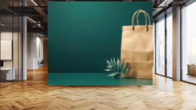 Brown paper bag on green background, symbolizing eco-friendly shopping Wall mural