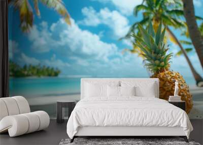 Close up of fresh pineapple on tropical beach with blue ocean background Wall mural