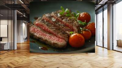 Grilled sliced beef steak with tomatoes Wall mural