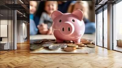 Piggy bank with coins and happy family in the background Wall mural