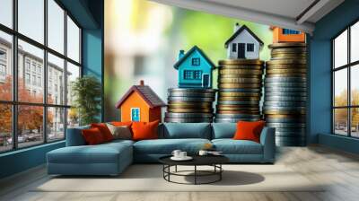 Real estate market growth and property value, with small houses standing on top stacks of coins, against blurred background Wall mural