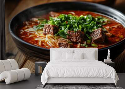 Spicy red soup beef noodle in a bowl, placed on a wooden table Wall mural