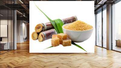 brown sugar on a wooden bowl and sugar cane on a transparent background Wall mural