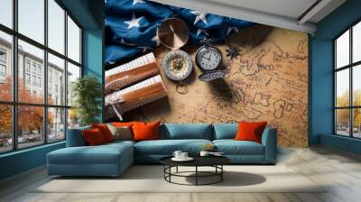 Happy Columbus Day concept. Vintage American flag with compass and retro treasure manuscript.  Flat lay, top view with copy space. Wall mural