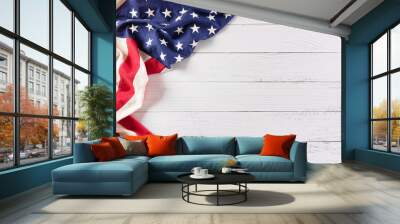 Happy memorial day concept made from vintage american flag on white wooden background. Wall mural