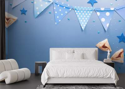 Happy Purim carnival decoration concept made from sparkle star and hamantaschen cookies on pastel background. (Happy Purim in Hebrew, jewish holiday celebrate) Wall mural