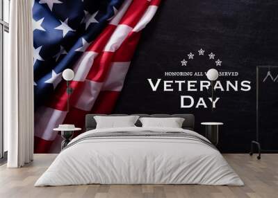 Happy Veterans Day. American flags veterans against a blackboard background. Wall mural