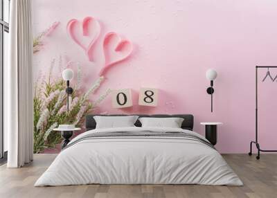 Happy Women's Day decoration concept made from flower, paper heart and wooden calendar on pink pastel background. Wall mural