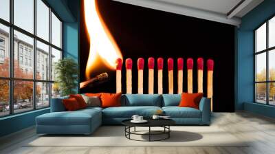 Lit match next to a row of unlit matches. The Passion of One Ignites New Ideas, Change in Others. Wall mural