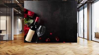 Love and Valentine's day concept made from champagne glasses , red hearts and rose on dark stone background. Top view with copy space, flat lay. Wall mural