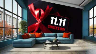 Online shopping of China, 11.11 single's day sale concept. black and red paper tag with ribbon on black background with copy space for text 11.11 single's day sale. Wall mural