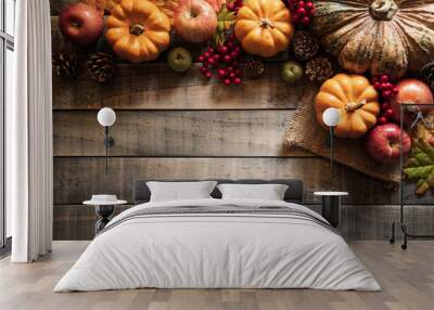 Top view of  Autumn maple leaves with Pumpkin and red berries on old wooden background. Thanksgiving day concept. Wall mural