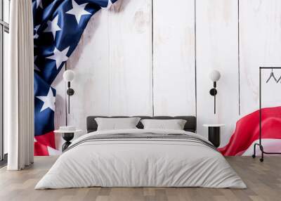 Top view of Flag of the United States of America on white wooden background. Independence Day USA, Memorial. Wall mural