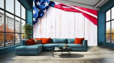 Top view of Flag of the United States of America on white wooden background. Independence Day USA, Memorial. Wall mural