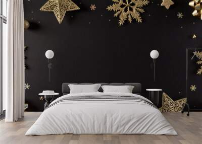 Top view of golden snowflake, stars and Christmas ball on black background with copy space for text. Black Friday Sale, Banner, poster composition. Wall mural