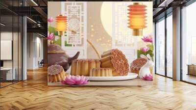 3D rendering for mid autumn festival holiday or chinese new year, chinese festivals with,lanterns, flower, moon, rabbit ,mooncake,tea pot and asian elements on background. Wall mural