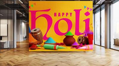 3d rendering illustration for holi festival of colors  colorful gulaal (powder color), gulal shooter gun, indian festival for happy holi background. Wall mural